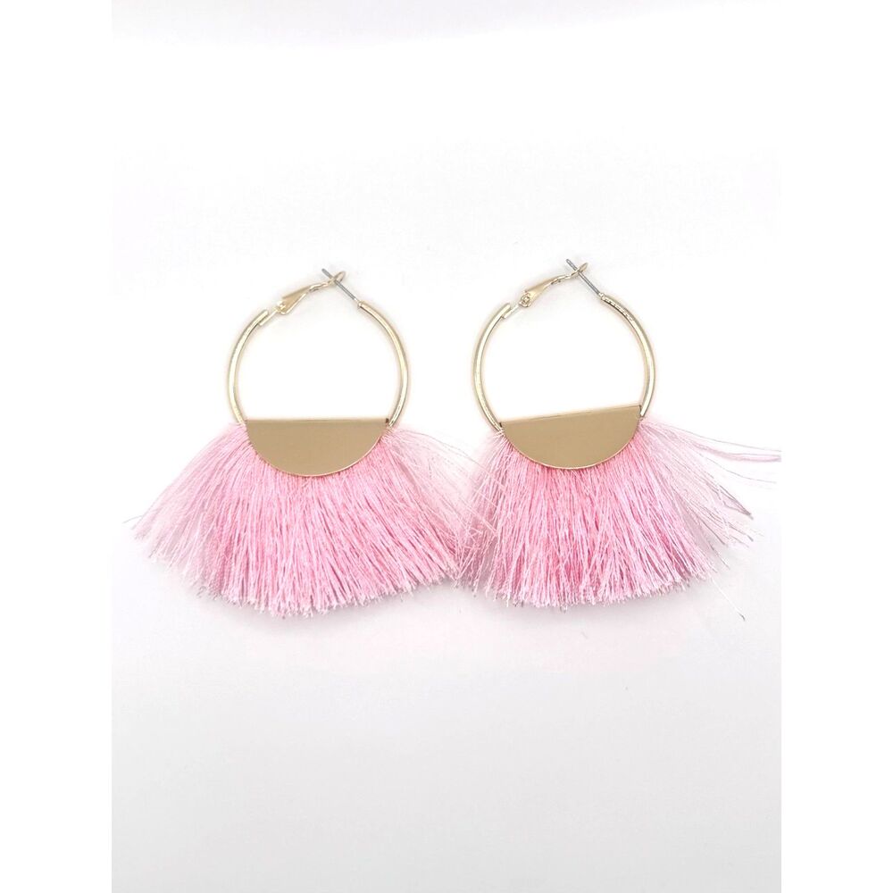 Bohemian Pink Gold Tone Hardware Drop Tassel Earrings